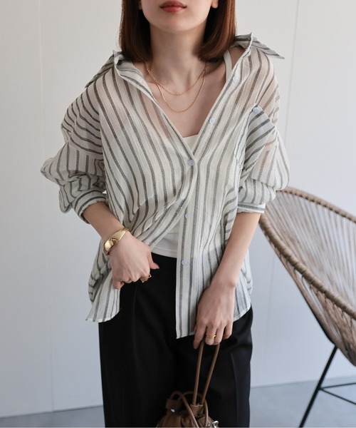 sakishimatokyo(サキシマトーキョー)の「シアーストライプシャツ(シャツ/ブラウス・レディース・ブラック/グリーン/オフホワイト/グリーン系その他/ブルー/ピンク・FREE)」の9枚目の写真