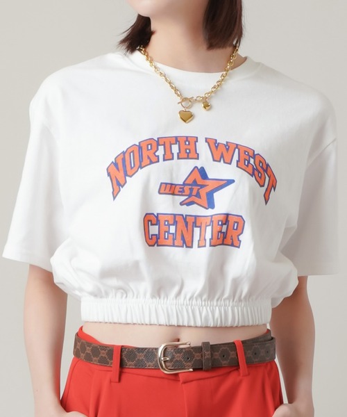 SPINNS(スピンズ)の「ウエストゴム入りフロントロゴショート丈半袖Tシャツ(Tシャツ/カットソー・レディース・オートミール/チャコール/ホワイト/ブラック×ブルー・ONESIZE)」の2枚目の写真