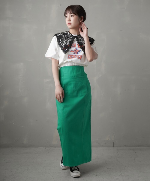 SPINNS(スピンズ)の「ウエストゴム入りフロントロゴショート丈半袖Tシャツ(Tシャツ/カットソー・レディース・オートミール/チャコール/ホワイト/ブラック×ブルー・ONESIZE)」の16枚目の写真
