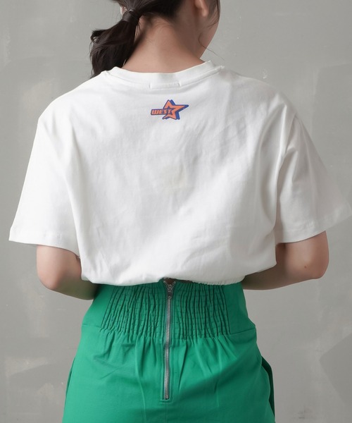SPINNS(スピンズ)の「ウエストゴム入りフロントロゴショート丈半袖Tシャツ(Tシャツ/カットソー・レディース・オートミール/チャコール/ホワイト/ブラック×ブルー・ONESIZE)」の10枚目の写真