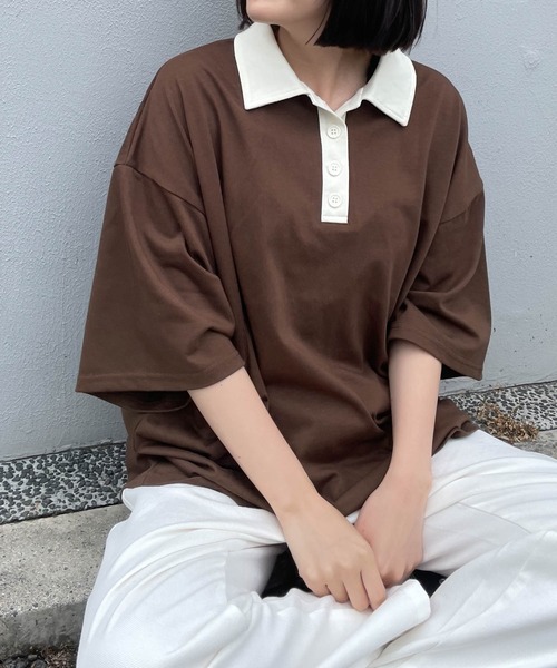 WEGO(ウィゴー)の「WEGO/ルーズシルエットポロTシャツ(ポロシャツ・レディース・ブラウン/カーキ・FREE)」の1枚目の写真