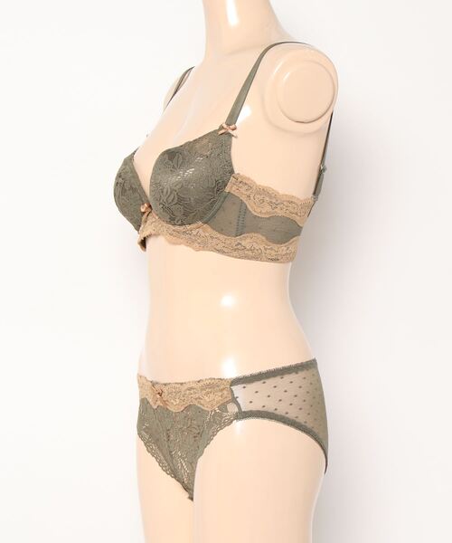 Lace Ladies（レースレディース）の「ノンワイヤー 脇高バイカラー花柄レースブラ＆ショーツ ２点セット（ブラ&ショーツ・レディース・ホワイト/ブラック/グリーン/モカ・85/80/70/75）」の5枚目の写真