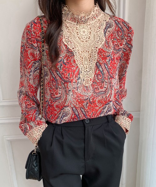 Diosfront（ディオスフロント）の「2022AW　プチハイネックレースドッキング柄ブラウス（シャツ/ブラウス・レディース・ブラック/レッド/グリーン・M/L）」の3枚目の写真