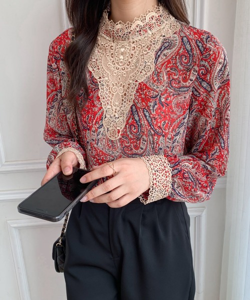 Diosfront（ディオスフロント）の「2022AW　プチハイネックレースドッキング柄ブラウス（シャツ/ブラウス・レディース・ブラック/レッド/グリーン・M/L）」の14枚目の写真