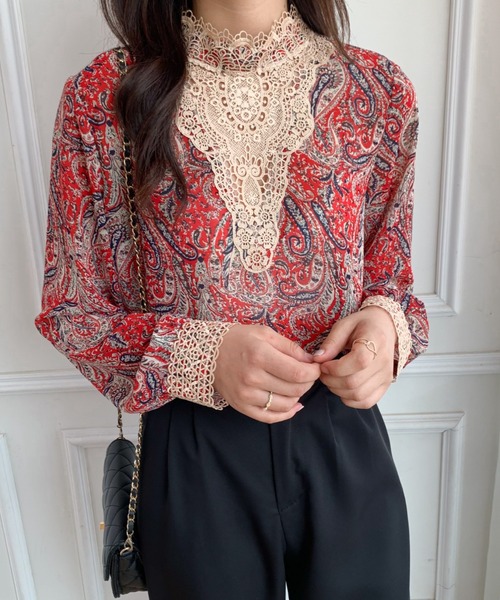 Diosfront（ディオスフロント）の「2022AW　プチハイネックレースドッキング柄ブラウス（シャツ/ブラウス・レディース・ブラック/レッド/グリーン・M/L）」の10枚目の写真