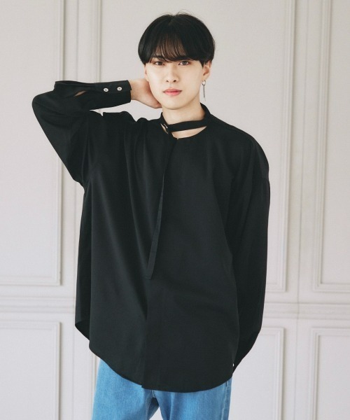 EDEL(エーデル)の「EDEL - コリアンカラールーズシャツ(シャツ/ブラウス・メンズ・ホワイト/ブラック・MEDIUM/LARGE)」の2枚目の写真