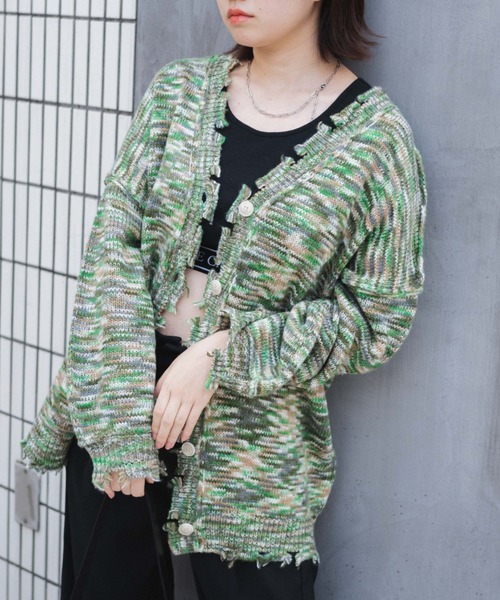 WEGO(ウィゴー)の「WEGO/ダメージミックスカラービッグカーディガン(カーディガン/ボレロ・レディース・パープル/ブルー/ブラック/グリーン・FREE)」の2枚目の写真