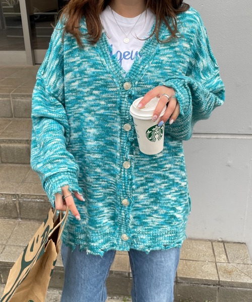 WEGO(ウィゴー)の「WEGO/ダメージミックスカラービッグカーディガン(カーディガン/ボレロ・レディース・パープル/ブルー/ブラック/グリーン・FREE)」の6枚目の写真