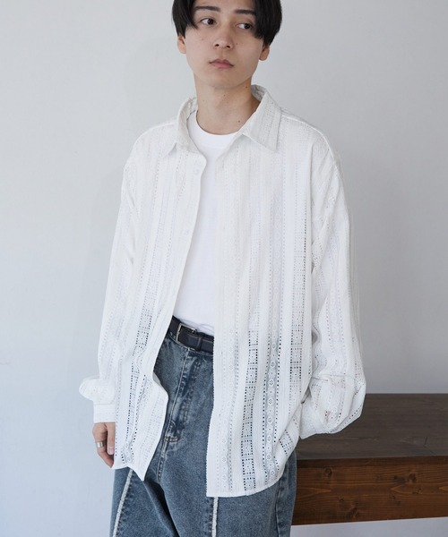 NILWAY（ニルウェイ）の「アソート柄レースシアー 長袖 シャツ（シャツ/ブラウス・メンズ・ネイビー/オレンジ/ホワイト/ブラック・MEDIUM/LARGE）」の12枚目の写真