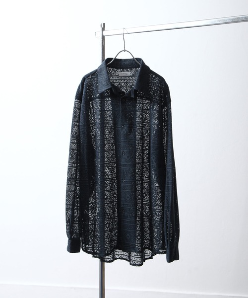 ブラウス シャツ 「レギュラーカラー レースシアー長袖シャツ レディース メンズ KUUUPY（クーピー）の「Lace Sheer Regular Collar Shirts