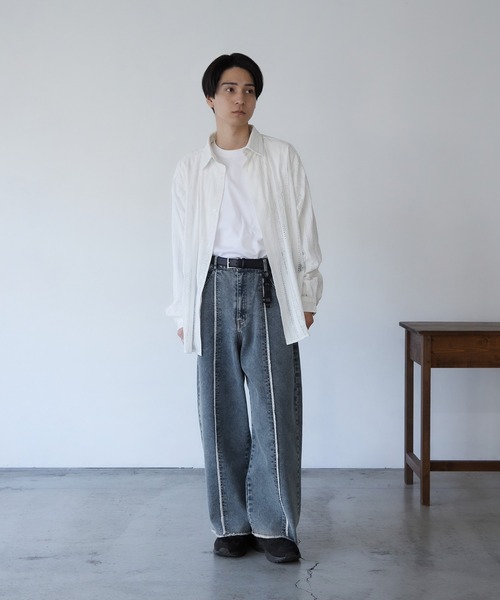 NILWAY（ニルウェイ）の「アソート柄レースシアー 長袖 シャツ（シャツ/ブラウス・メンズ・ネイビー/オレンジ/ホワイト/ブラック・MEDIUM/LARGE）」の7枚目の写真