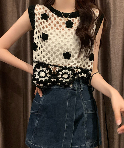 c.u.l（シーユーエル）の「クロシェ編み 花柄ニットベスト culw416（ベスト・レディース・ホワイト・FREE）」の3枚目の写真