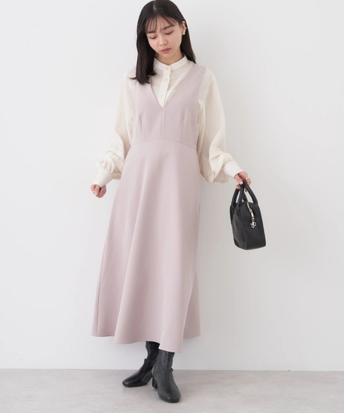 earth music&ecology（アースミュージックアンドエコロジー）の「Vネック切替ジャンスカ（ワンピース・レディース・ブラック/ベージュ・FREE）」の2枚目の写真