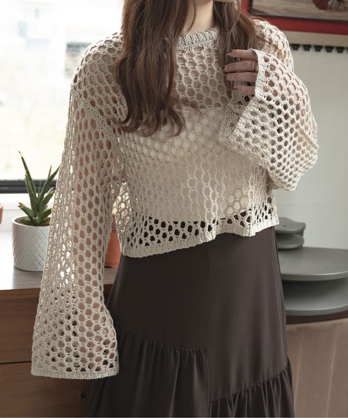 Ambre Ciel（アンブルシエル）の「メッシュショートニットトップス／【WEB/EC限定商品】（ニット/セーター・レディース・ライトグリーン/ベージュ/アイボリー・FREE）」の6枚目の写真