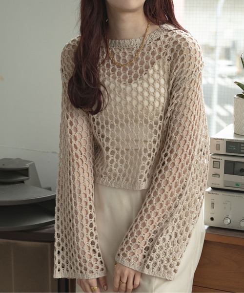 Ambre Ciel（アンブルシエル）の「メッシュショートニットトップス／【WEB/EC限定商品】（ニット/セーター・レディース・ライトグリーン/ベージュ/アイボリー・FREE）」の7枚目の写真