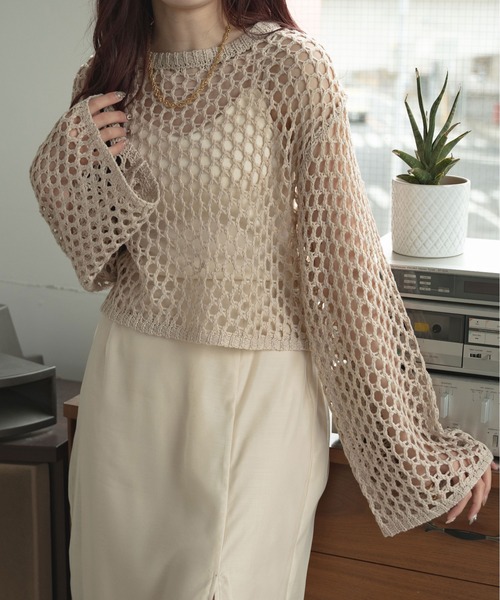 Ambre Ciel（アンブルシエル）の「メッシュショートニットトップス／【WEB/EC限定商品】（ニット/セーター・レディース・ライトグリーン/ベージュ/アイボリー・FREE）」の5枚目の写真