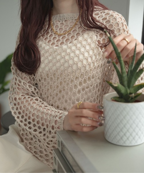 Ambre Ciel（アンブルシエル）の「メッシュショートニットトップス／【WEB/EC限定商品】（ニット/セーター・レディース・ライトグリーン/ベージュ/アイボリー・FREE）」の16枚目の写真