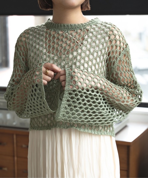 Ambre Ciel（アンブルシエル）の「メッシュショートニットトップス／【WEB/EC限定商品】（ニット/セーター・レディース・ライトグリーン/ベージュ/アイボリー・FREE）」の13枚目の写真