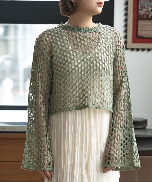 Ambre Ciel（アンブルシエル）の「メッシュショートニットトップス／【WEB/EC限定商品】（ニット/セーター・レディース・ライトグリーン/ベージュ/アイボリー・FREE）」の14枚目の写真