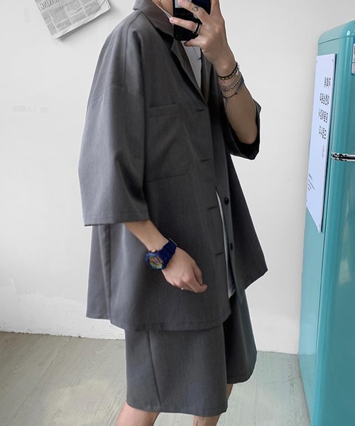 Anchor Smith(アンカー スミス)の「【 セットアップ 】ルーズシルエットハーフスリーブシャツジャケット&スラックスハーフパンツ(セットアップ・メンズ・ブラック/グレー・M/L/XL)」の2枚目の写真