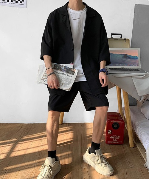 Anchor Smith(アンカー スミス)の「【 セットアップ 】ルーズシルエットハーフスリーブシャツジャケット&スラックスハーフパンツ(セットアップ・メンズ・ブラック/グレー・M/L/XL)」の6枚目の写真