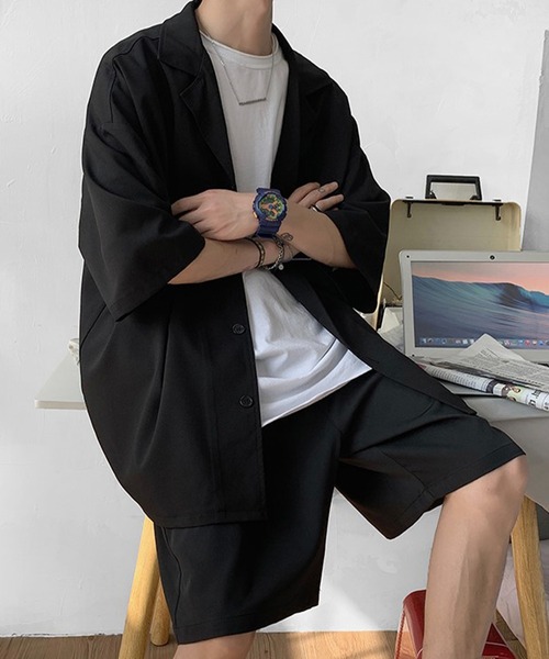 Anchor Smith(アンカー スミス)の「【 セットアップ 】ルーズシルエットハーフスリーブシャツジャケット&スラックスハーフパンツ(セットアップ・メンズ・ブラック/グレー・M/L/XL)」の9枚目の写真