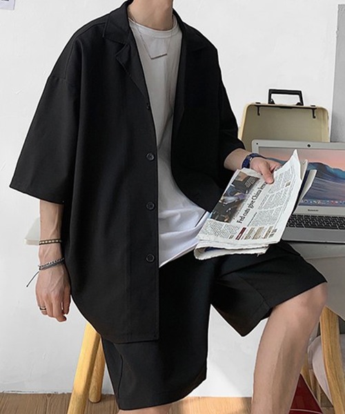 Anchor Smith(アンカー スミス)の「【 セットアップ 】ルーズシルエットハーフスリーブシャツジャケット&スラックスハーフパンツ(セットアップ・メンズ・ブラック/グレー・M/L/XL)」の3枚目の写真