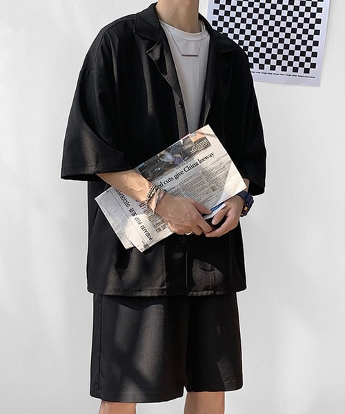 Anchor Smith(アンカー スミス)の「【 セットアップ 】ルーズシルエットハーフスリーブシャツジャケット&スラックスハーフパンツ(セットアップ・メンズ・ブラック/グレー・M/L/XL)」の4枚目の写真