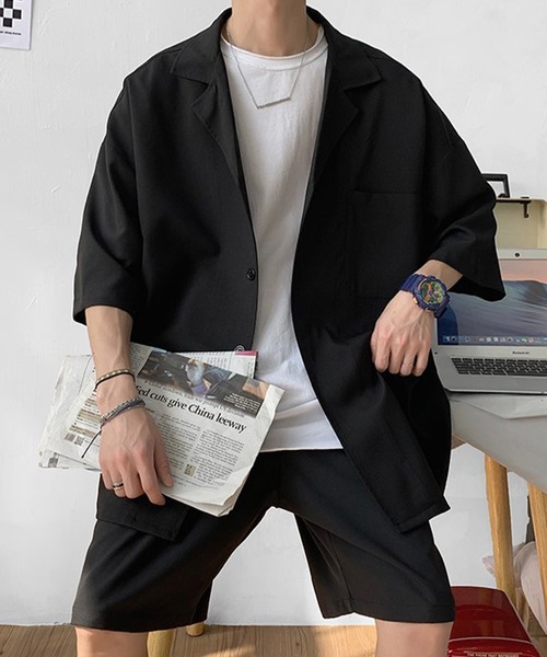 Anchor Smith(アンカー スミス)の「【 セットアップ 】ルーズシルエットハーフスリーブシャツジャケット&スラックスハーフパンツ(セットアップ・メンズ・ブラック/グレー・M/L/XL)」の10枚目の写真