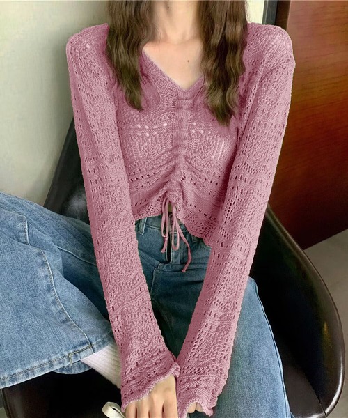 MAISON DE THERESE（メゾン ド テレーズ）の「Vネックショート丈半袖ニットブラウス（シャツ/ブラウス・レディース・ブラック/ピンク/アイボリー/ホワイト/ベージュ/グリーン/パープル/ピンク系・M）」の8枚目の写真