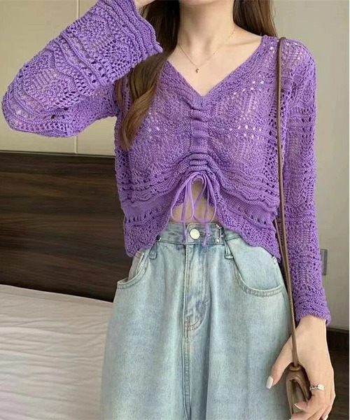 MAISON DE THERESE（メゾン ド テレーズ）の「Vネックショート丈半袖ニットブラウス（シャツ/ブラウス・レディース・ブラック/ピンク/アイボリー/ホワイト/ベージュ/グリーン/パープル/ピンク系・M）」の6枚目の写真