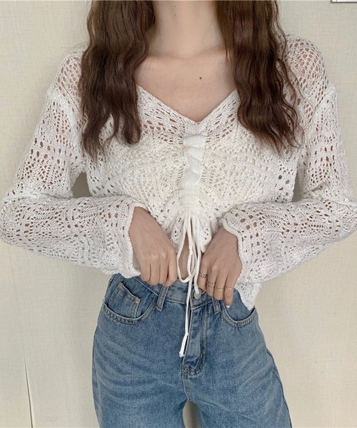 MAISON DE THERESE（メゾン ド テレーズ）の「Vネックショート丈半袖ニットブラウス（シャツ/ブラウス・レディース・ブラック/ピンク/アイボリー/ホワイト/ベージュ/グリーン/パープル/ピンク系・M）」の2枚目の写真