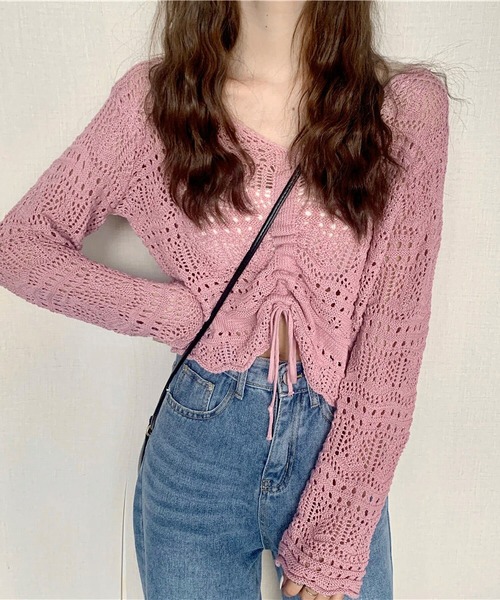 MAISON DE THERESE（メゾン ド テレーズ）の「Vネックショート丈半袖ニットブラウス（シャツ/ブラウス・レディース・ブラック/ピンク/アイボリー/ホワイト/ベージュ/グリーン/パープル/ピンク系・M）」の7枚目の写真