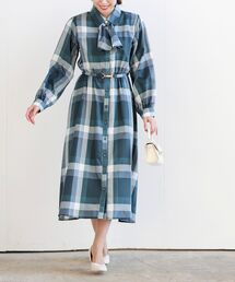 ベルト付きボータイチェックワンピース