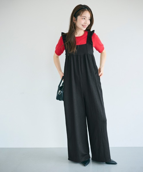 coca(coca)(コカ)の「\再入荷/シボシャーリングフリルオールインワン(つなぎ/オールインワン・レディース・ブラック/ドット/ライトベージュ/A/B・M/L/S)」の6枚目の写真