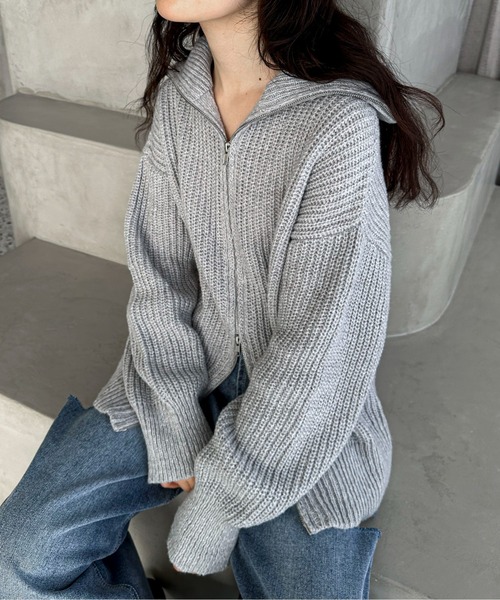 feepur（フェピュール）の「【ハンドウォッシャブル】メランジ畦編みジップカーディガン（カーディガン/ボレロ・レディース・グレー/チャコールグレー/ブラック/オリーブ・MEDIUM）」の3枚目の写真