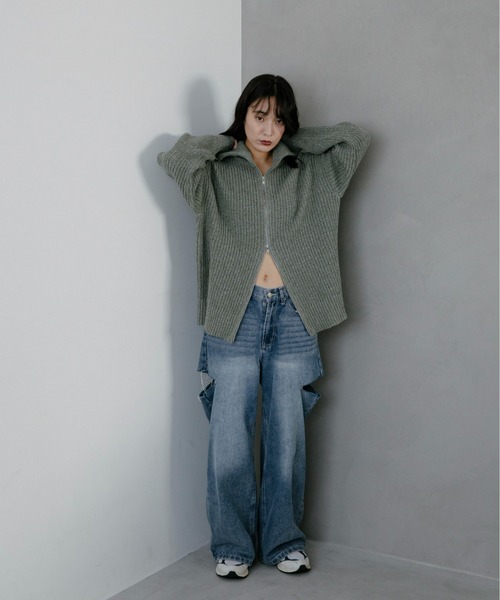 feepur（フェピュール）の「【ハンドウォッシャブル】メランジ畦編みジップカーディガン（カーディガン/ボレロ・レディース・グレー/チャコールグレー/ブラック/オリーブ・MEDIUM）」の16枚目の写真