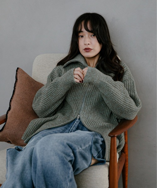 feepur（フェピュール）の「【ハンドウォッシャブル】メランジ畦編みジップカーディガン（カーディガン/ボレロ・レディース・グレー/チャコールグレー/ブラック/オリーブ・MEDIUM）」の6枚目の写真