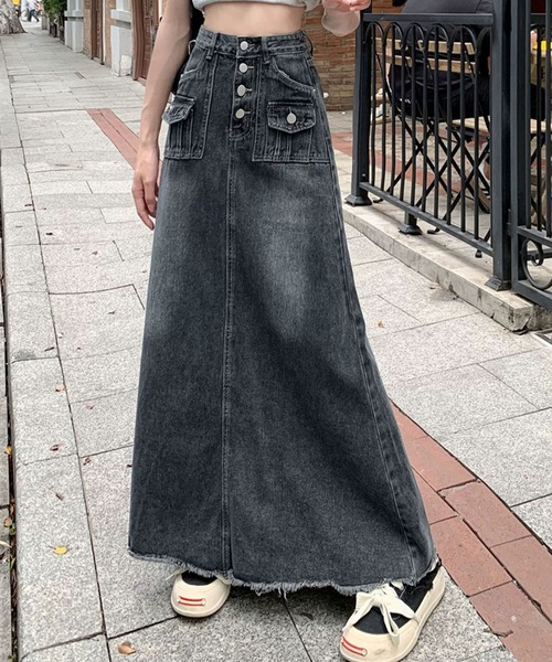 meJane（ミージェーン）の「デニムハイウエスト裾フリンジロングスカート（スカート・レディース・インディゴブルー・S/M/L）」の4枚目の写真