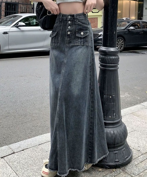 meJane（ミージェーン）の「デニムハイウエスト裾フリンジロングスカート（スカート・レディース・インディゴブルー・S/M/L）」の7枚目の写真