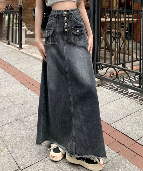 meJane（ミージェーン）の「デニムハイウエスト裾フリンジロングスカート（スカート・レディース・インディゴブルー・S/M/L）」の3枚目の写真