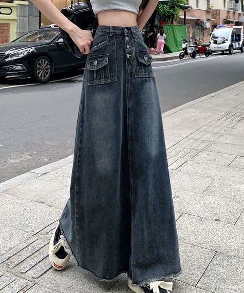 meJane（ミージェーン）の「デニムハイウエスト裾フリンジロングスカート（スカート・レディース・インディゴブルー・S/M/L）」の6枚目の写真