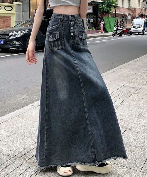 meJane（ミージェーン）の「デニムハイウエスト裾フリンジロングスカート（スカート・レディース・インディゴブルー・S/M/L）」の9枚目の写真