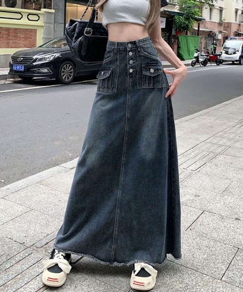 meJane（ミージェーン）の「デニムハイウエスト裾フリンジロングスカート（スカート・レディース・インディゴブルー・S/M/L）」の5枚目の写真