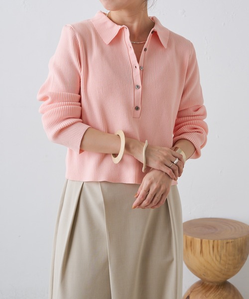 Omekashi（オメカシ）の「ライトリブニットポロ（ニット/セーター・レディース・ブラック/オフホワイト/ピンク/イエロー/アイボリー・FREE）」の6枚目の写真