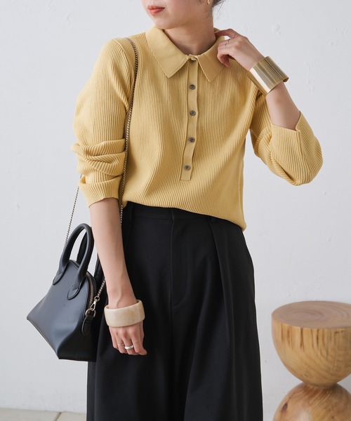 Omekashi（オメカシ）の「ライトリブニットポロ（ニット/セーター・レディース・ブラック/オフホワイト/ピンク/イエロー/アイボリー・FREE）」の22枚目の写真