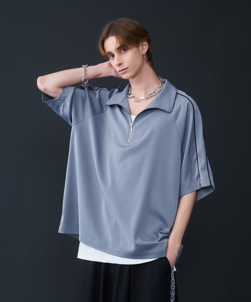 2色 Tシャツ ハーフジッパー ポロカラー トレンディ クール Drape Piping Half Zip T-Shirt - ドレープパイピングハーフ