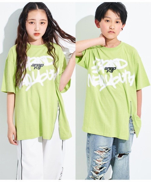 ANAP GiRL(アナップガール)の「ANAPR+S【リラスポ】グラフィティーロゴ前ZIPオーバーTシャ(Tシャツ/カットソー・キッズ・イエロー×グリーン/ブラック/ホワイト・XS/S/M)」の3枚目の写真