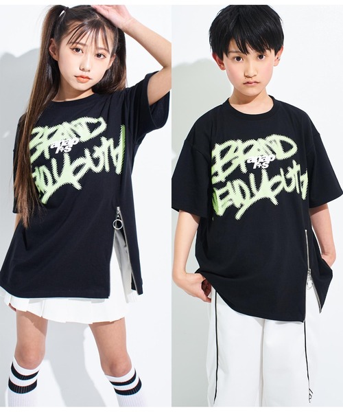 ANAP GiRL(アナップガール)の「ANAPR+S【リラスポ】グラフィティーロゴ前ZIPオーバーTシャ(Tシャツ/カットソー・キッズ・イエロー×グリーン/ブラック/ホワイト・XS/S/M)」の2枚目の写真