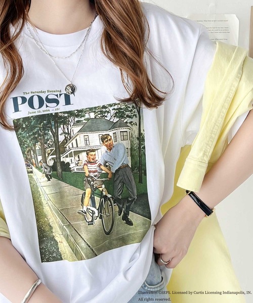 classicalelf(クラシカルエルフ)の「『THE SATURDAY EVENING POST』×クラシカルエルフ 別注グラフィックTシャツ【Bike Riding Lesson】(Tシャツ/カットソー・レディース・チャコール/ホワイト・X-LARGE/LARGE/MEDIUM/SMALL)」の1枚目の写真
